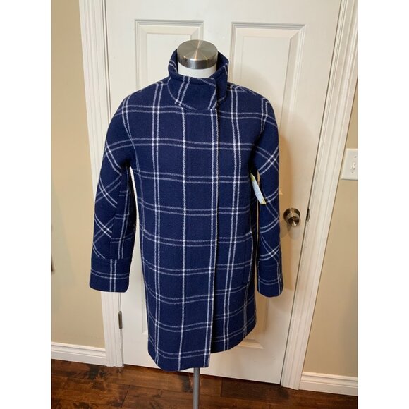 J.Crew Navy Dark Blue & White Windowpane Check Wool Blend Cocoon Coat, Size 2 - Picture 1 of 6